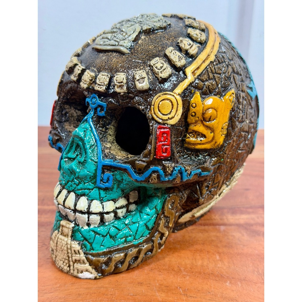 Aztec Mayan Skull Resin Sculpture Calavera Folk Art Day of the Dead Turquoise - Picture 6 of 14